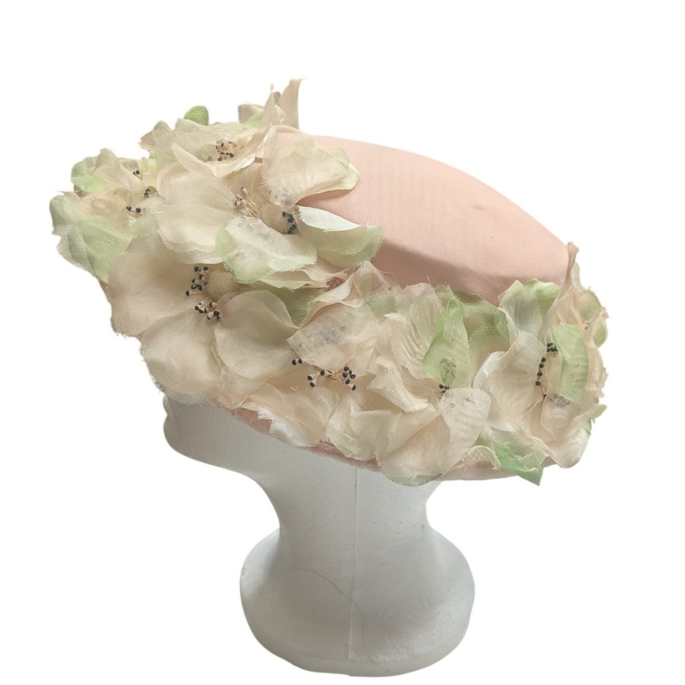 Vintage 1950s Floral Blossom Pillbox Hat – Pastel Pink & Mint Silk Petals – - Picture 3 of 11